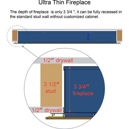 42 inch recessed ultra thin tempered glass front wall mounted electric fireplace with remote and multi color flame & emberbed, LED light heater