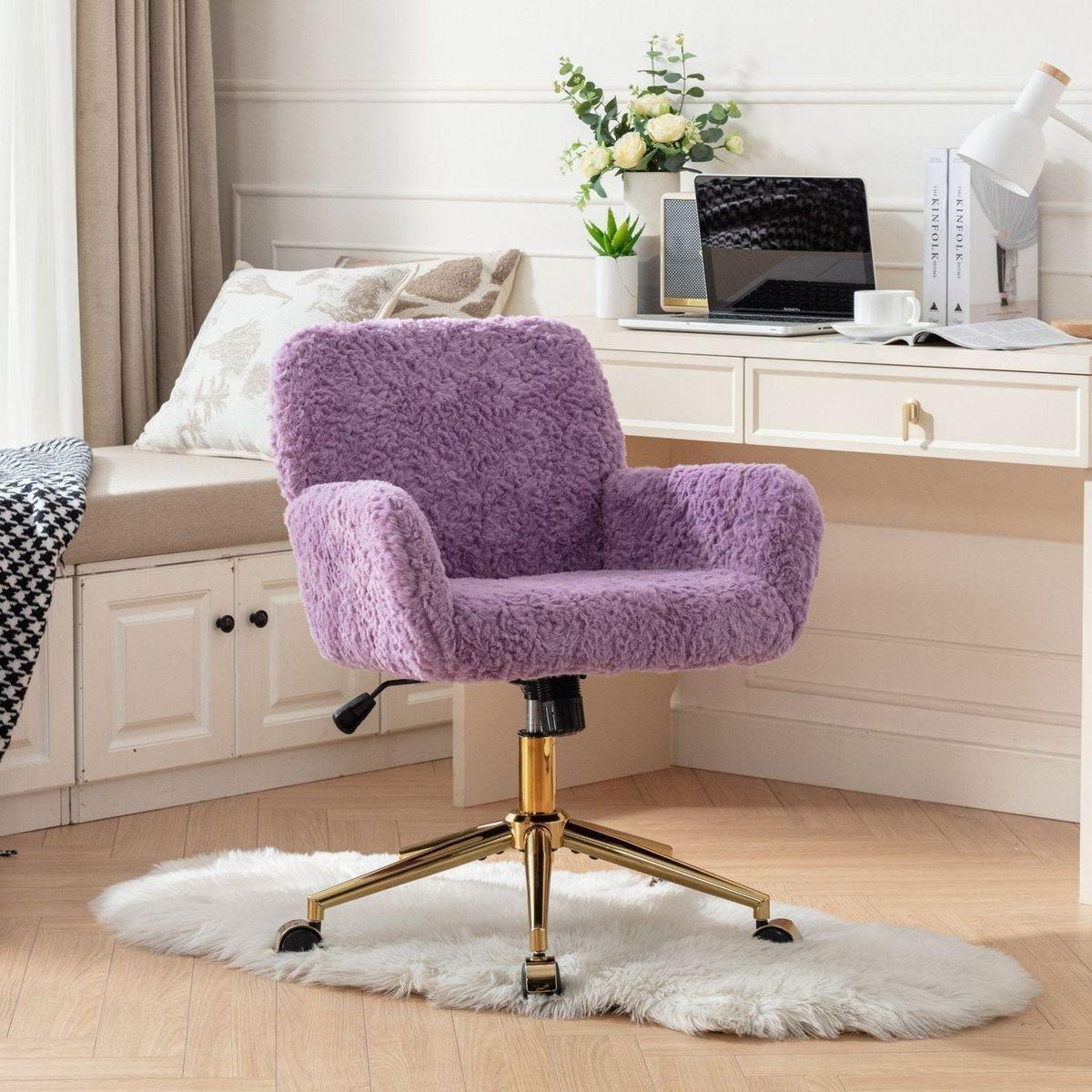 Office Chair,Artificial rabbit hair Home Office Chair with Golden Metal Base,Adjustable Desk Chair Swivel Office Chair,Vanity Chair(Violet) - Streamdale Furniture