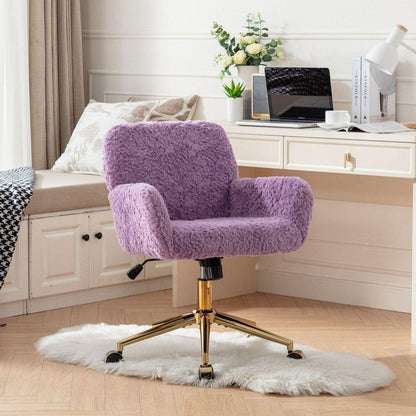 Office Chair,Artificial rabbit hair Home Office Chair with Golden Metal Base,Adjustable Desk Chair Swivel Office Chair,Vanity Chair(Violet) - Streamdale Furniture