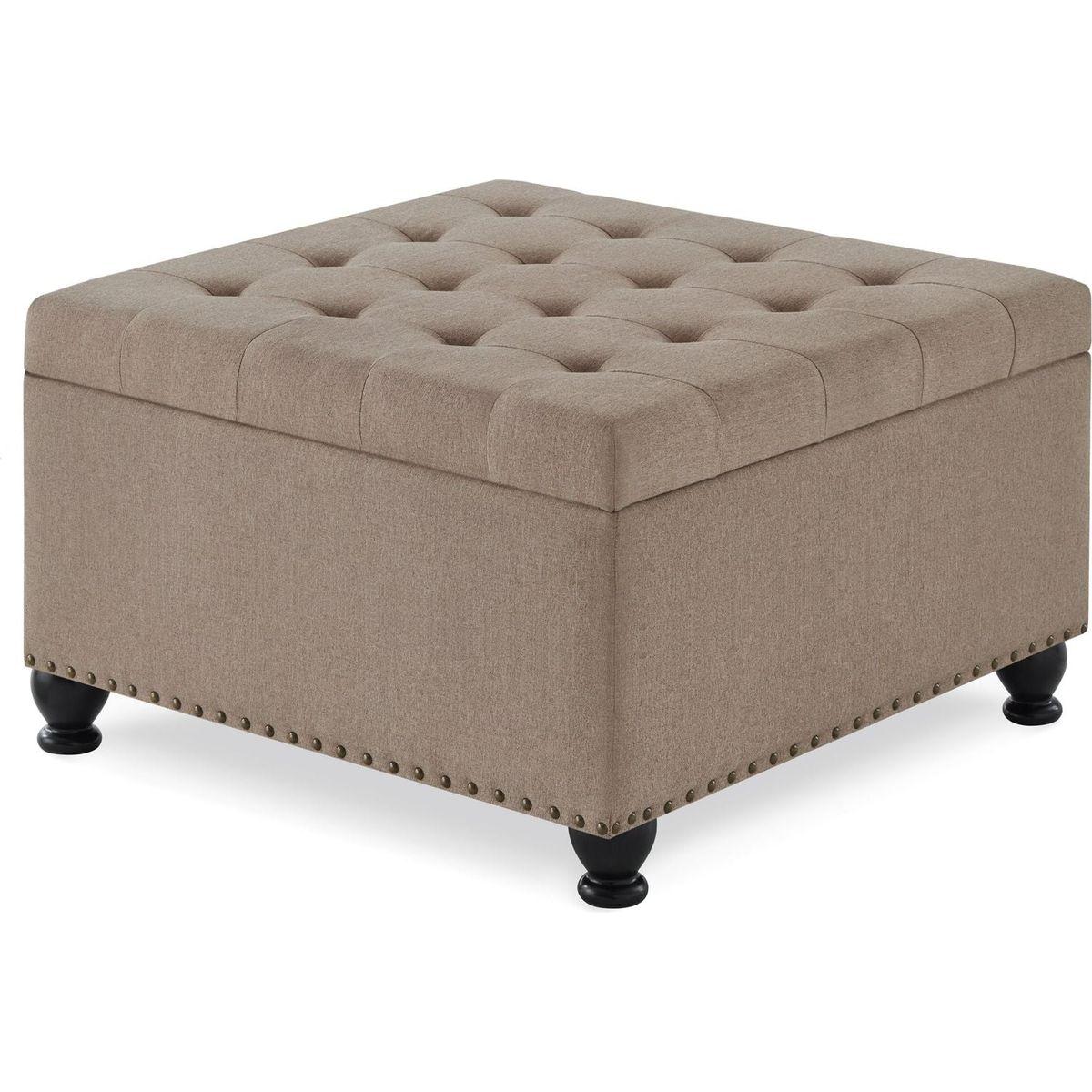 Large square storage ottoman with wooden legs, Upholstered button tufted coffee table with nail trims for for Living Space,Linen