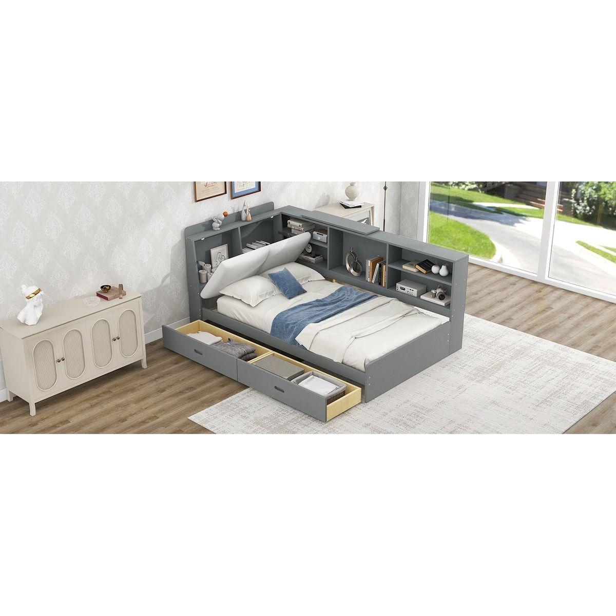 Wood Twin Size platform bed with Storage Headboard, Shelves and 2 Drawers, Gray