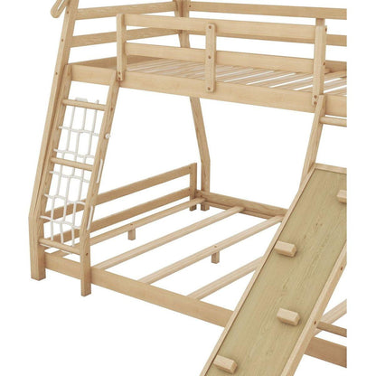 Twin over Queen House Bunk Bed with Climbing Nets and Climbing Ramp, Natural