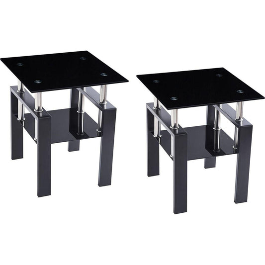 2-Piece Tempered Black Glass Sofa Table, Black Noghtstand with Metal Leg for Living Room