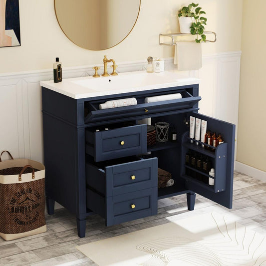 36" Bathroom Vanity with Top Sink, Modern Bathroom Storage Cabinet with 2 Drawers and a Tip-out Drawer, Single Sink Bathroom Vanity