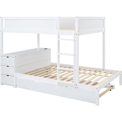 Full-Over-Full Bunk Bed with Twin size Trundle, Storage and Desk, White