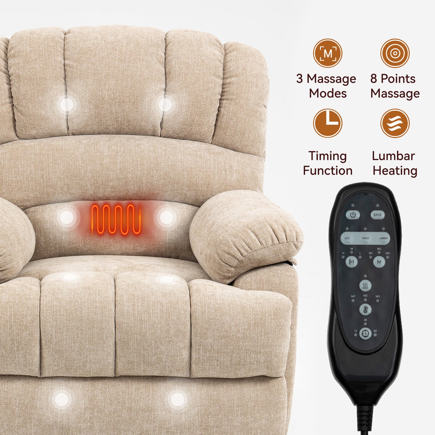 23" Seat Width and High Back Large Size Beige Chenille Power Lift Recliner Chair with 8-Point Vibration Massage and Lumbar Heating