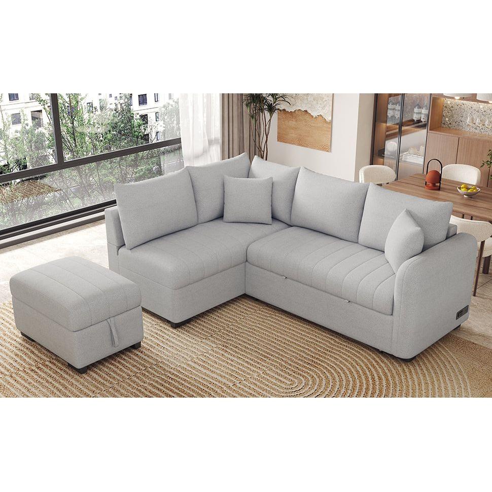 82.6" L-shaped Sectional Pull Out Sofa Bed Sleeper Sofa with Two USB Ports, Two Power Sockets and a Movable Storage Ottoman, Gray
