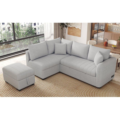 82.6" L-shaped Sectional Pull Out Sofa Bed Sleeper Sofa with Two USB Ports, Two Power Sockets and a Movable Storage Ottoman, Gray