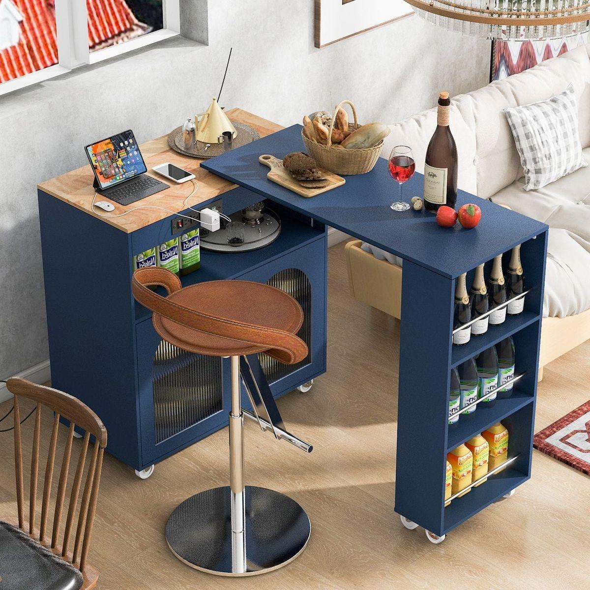 Rolling Kitchen Island With Movable Extended Table, Kitchen Cabinet on Wheels with Power Outlets and 2 Fluted Glass Doors, Kitchen Island with a Storage Compartment and Side 3 Open Shelves, Navy