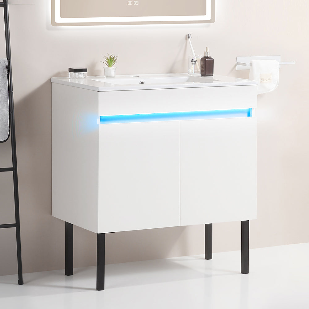 30" Bathroom Vanity with Sink, Radar Sensing Light, Large Storage Space and Metal legs, Wall Mounted/Standing Bathroom Vanity Sink, White