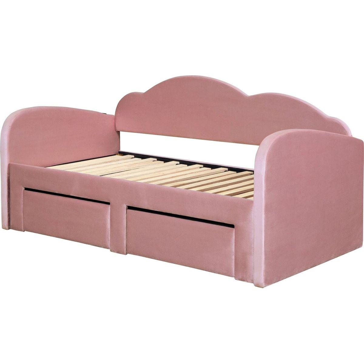 Twin Size Upholstered daybed with Cloud-Shaped Backrest, Trundle & 2 Drawers and USB Ports, Pink
