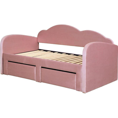 Twin Size Upholstered daybed with Cloud-Shaped Backrest, Trundle & 2 Drawers and USB Ports, Pink