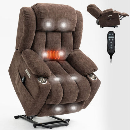 Up to 350 LBS Chenille Power Lift Recliner Chair, Heavy Duty Motion Mechanism with 8-Point Vibration Massage and Lumbar Heating, USB and Type-C Ports, Stainless Steel Cup Holders, Brown