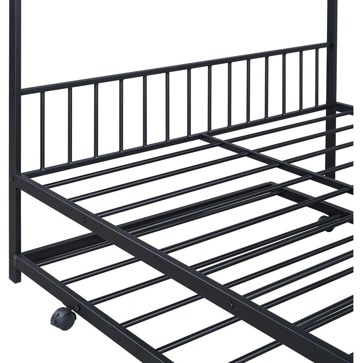 Full Size Metal House Bed with Twin Size Trundle, Black