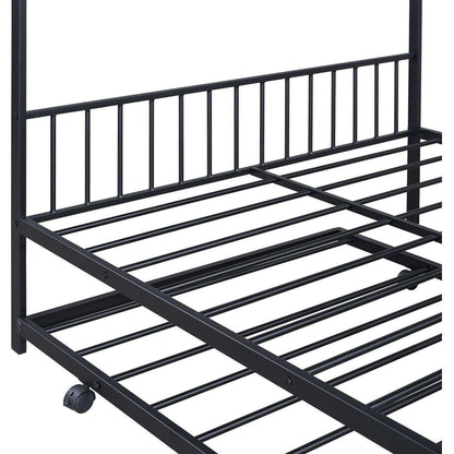 Full Size Metal House Bed with Twin Size Trundle, Black