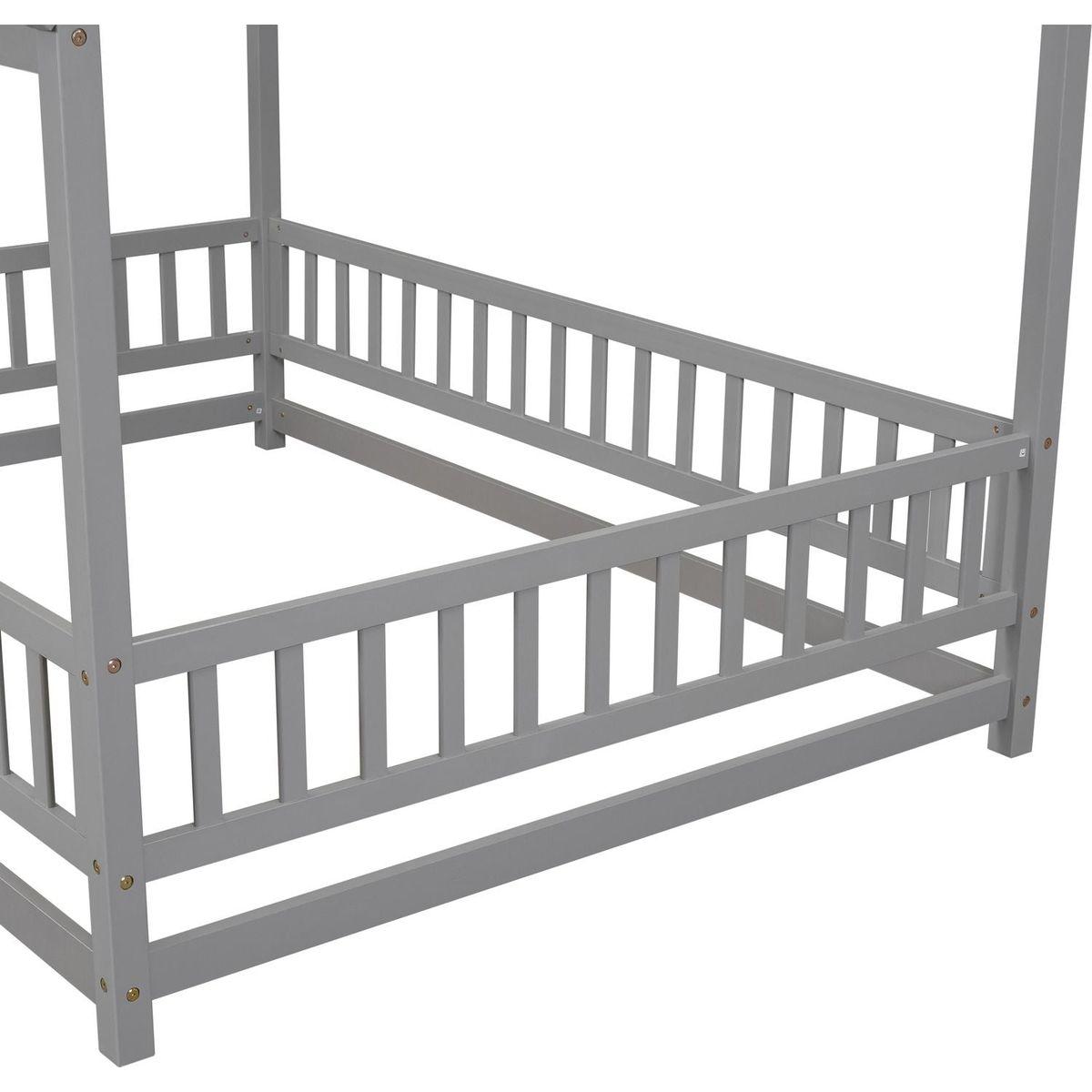 Full Size Floor Wooden Bed with House Roof Frame, Fence Guardrails, Grey