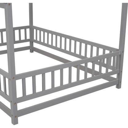 Full Size Floor Wooden Bed with House Roof Frame, Fence Guardrails, Grey
