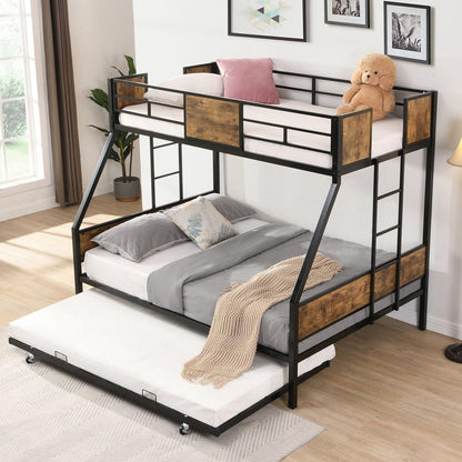Twin Over FULL Metal Bunk Bed with Trundle 2 - Side Ladder and Full-Length Guardrail, No Box Spring Needed, Large Under Bed Storage, Easy Assemble, Black & Brown