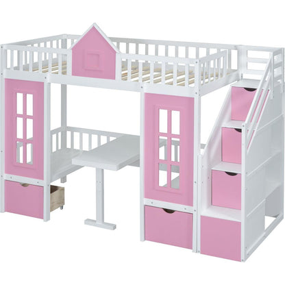 Twin-Over-Twin Bunk Bed with Changeable Table, Bunk Bed Turn into Upper Bed and Down Desk -Pink
