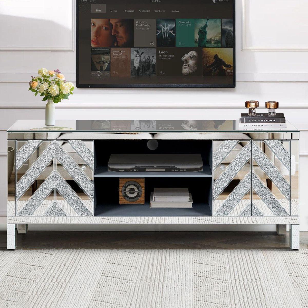 Mirrored TV Stand for 65+ inch TV,Sliver TV Console Table with Open Storage & 2 Storage Cabinets ,M Shape Sparkling Mirror Doors for Living Room(59"W x 25.2"H x 15.7D)