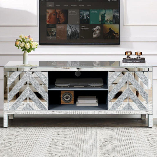 Mirrored TV Stand for 65+ inch TV,Sliver TV Console Table with Open Storage & 2 Storage Cabinets ,M Shape Sparkling Mirror Doors for Living Room(59"W x 25.2"H x 15.7D)