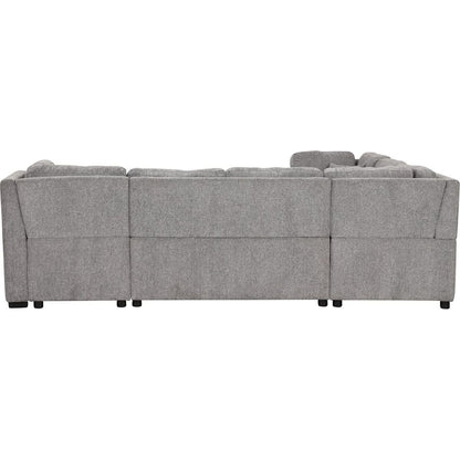 108.6" U-shaped Sectional Sofa Pull out Sofa Bed with Two USB Ports, Two Power Sockets, Three Back Pillows and a Storage Chaise for Living Room, Light Gray