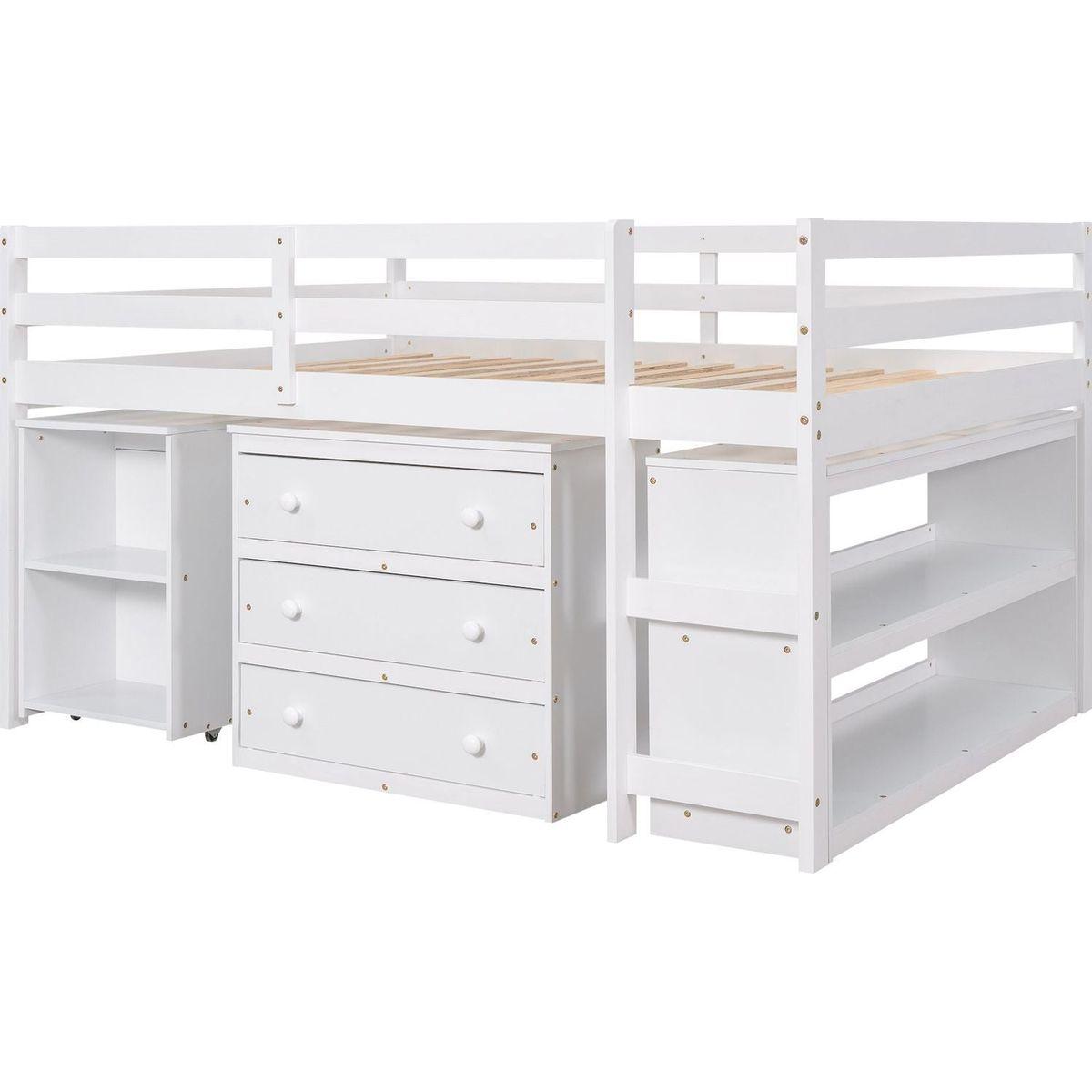Low Study Full Loft Bed with Cabinet, Shelves and Rolling Portable Desk, Multiple Functions Bed- White