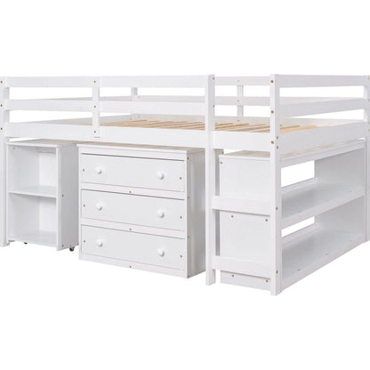 Low Study Full Loft Bed with Cabinet, Shelves and Rolling Portable Desk, Multiple Functions Bed- White