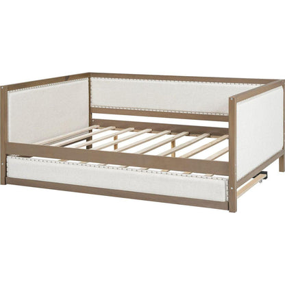 Full Size Upholstered Daybed with Trundle and Nailhead Decoration, Wood Color