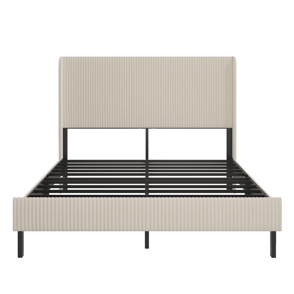 Modern Beige Queen Size Platform Bed with Metal Frame and Charging Station