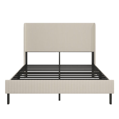 Modern Beige Queen Size Platform Bed with Metal Frame and Charging Station