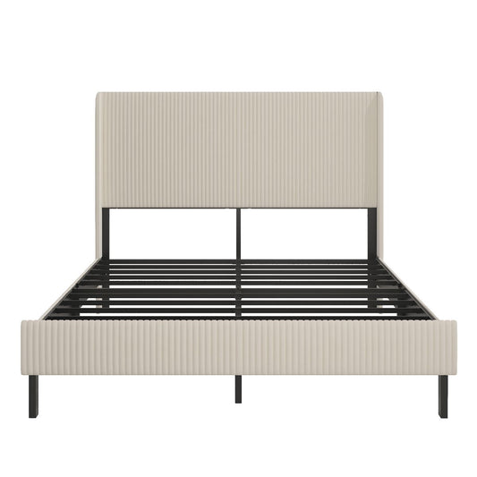Modern Beige Queen Size Platform Bed with Metal Frame and Charging Station