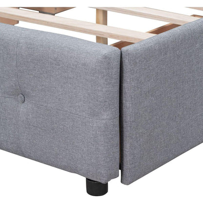 Upholstered Platform Bed with Classic Headboard and 4 Drawers, No Box Spring Needed, Linen Fabric, Queen Size Light Gray