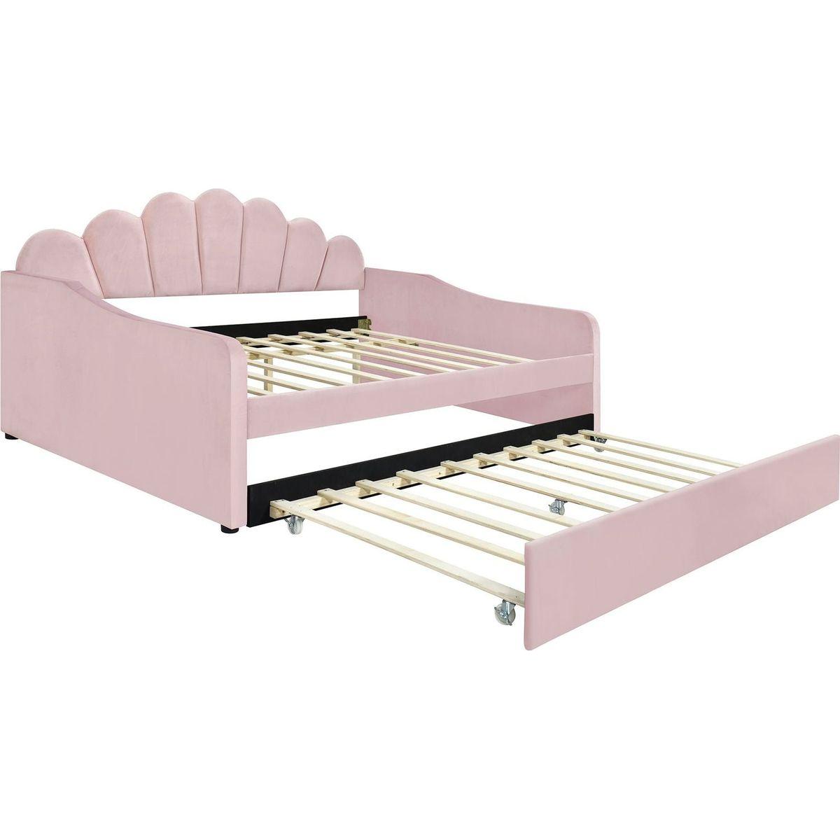 Full Size Upholstery Daybed Frame with Shall Shaped Backrest and Trundle,Pink