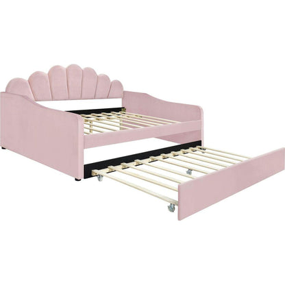Full Size Upholstery Daybed Frame with Shall Shaped Backrest and Trundle,Pink