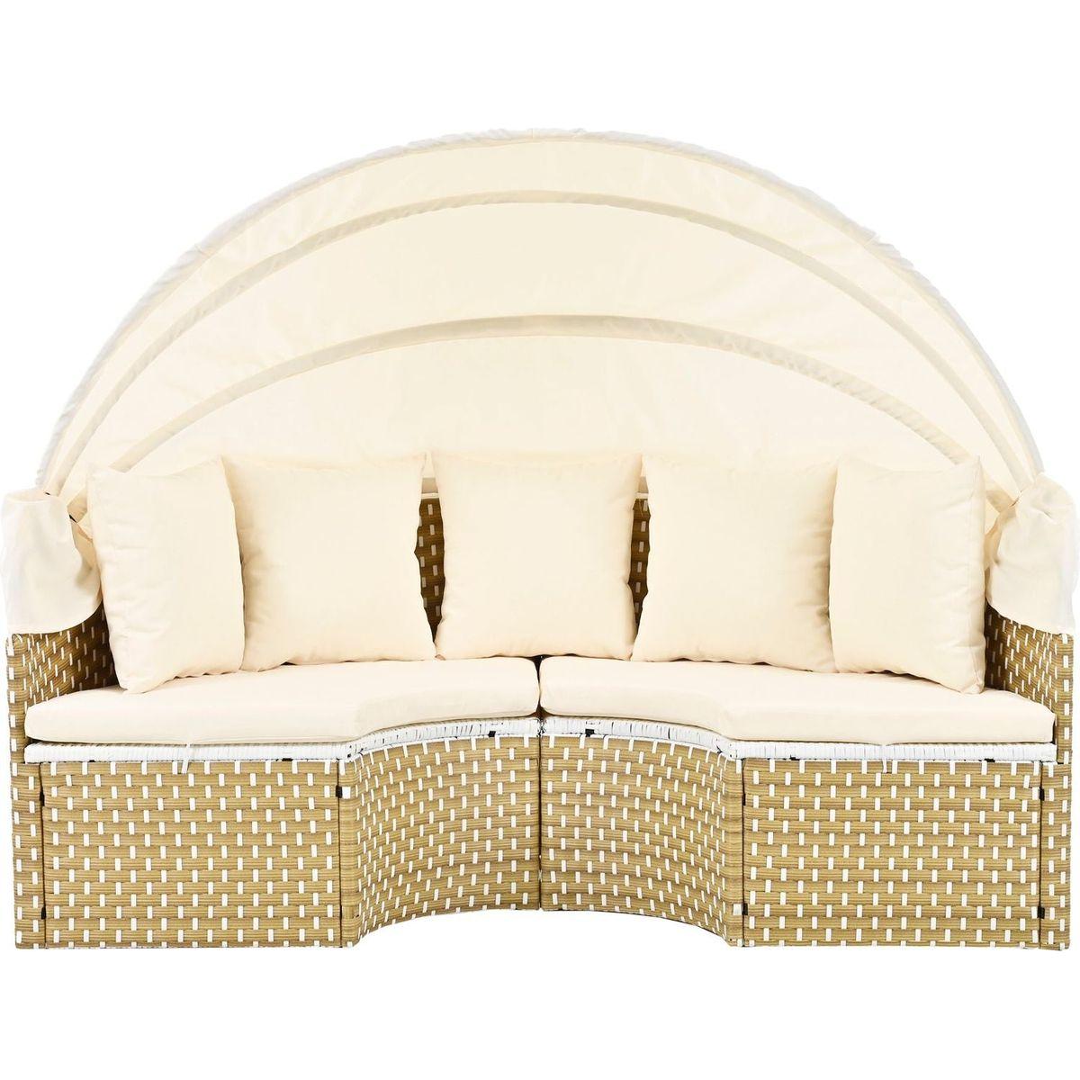 Patio Furniture Round Outdoor Sectional Sofa Set Rattan Daybed Two-Tone Weave Sunbed with Retractable Canopy, Separate Seating and Removable Cushion, Beige