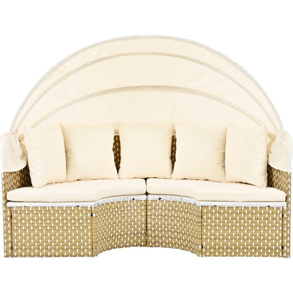 Patio Furniture Round Outdoor Sectional Sofa Set Rattan Daybed Two-Tone Weave Sunbed with Retractable Canopy, Separate Seating and Removable Cushion, Beige
