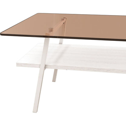 Rectangle Coffee Table, Tempered Glass Tabletop with White Metal Legs, Modern Table for Living Room, Brown Glass