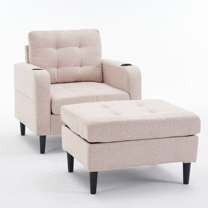 Beige Upholstered Armchair and Storage Ottoman Set - Comfortable Single Sofa with Cup Holders and Tufted Detailing, Ideal for Living Room or Bedroom