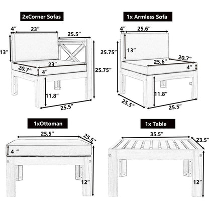 Outdoor Backyard Patio Wood 5-Piece Sectional Sofa Seating Group Set with Cushions, Natural Finish+ Blue Cushions