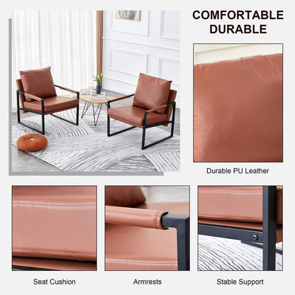 2-piece set of sofa chairs. PU leather armchair Modern metal frame upholstered armchair Super thick upholstered backrest and cushion Living room sofa chair (brown PU leather+metal frame+foam) SF-008