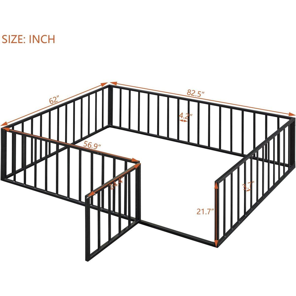 Queen Size Metal Floor Bed Frame with Fence and Door, Black