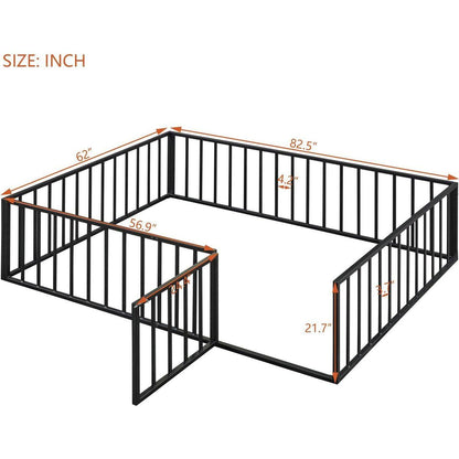 Queen Size Metal Floor Bed Frame with Fence and Door, Black