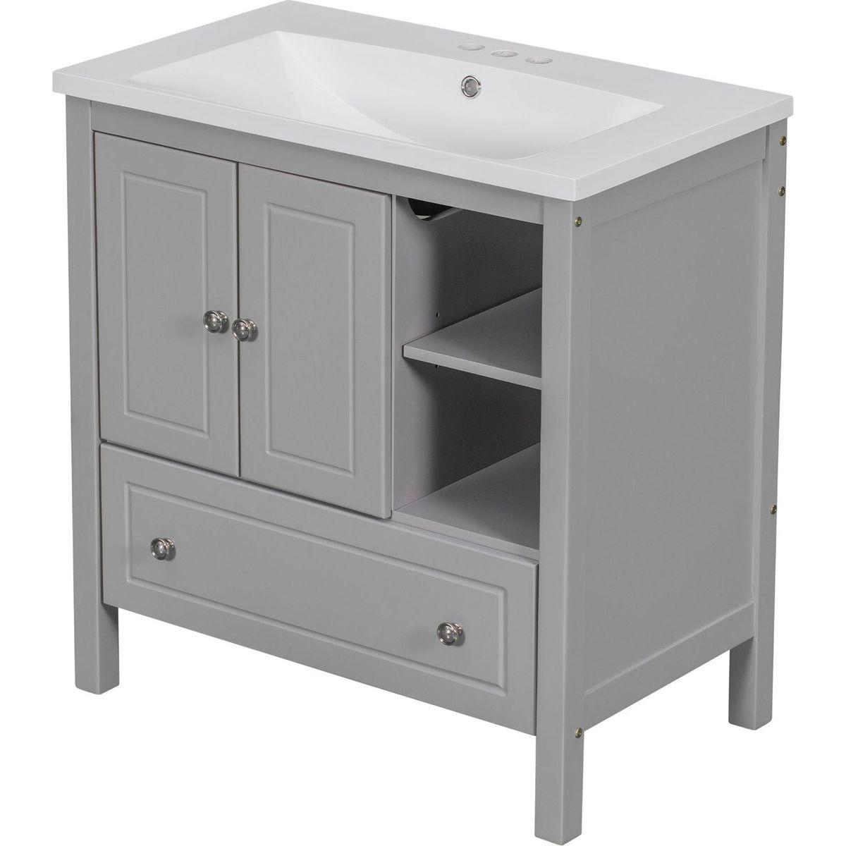 30" Bathroom Vanity with Sink, Bathroom Storage Cabinet with Doors and Drawers, Solid Wood Frame, Ceramic Sink, Grey