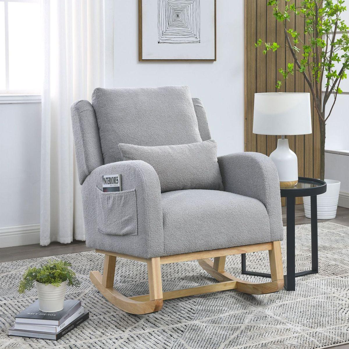 27.5" W Modern Accent High Back Living Room Casual Armchair Rocker with One Lumbar Pillow, Two Side Pockets, Teddy.