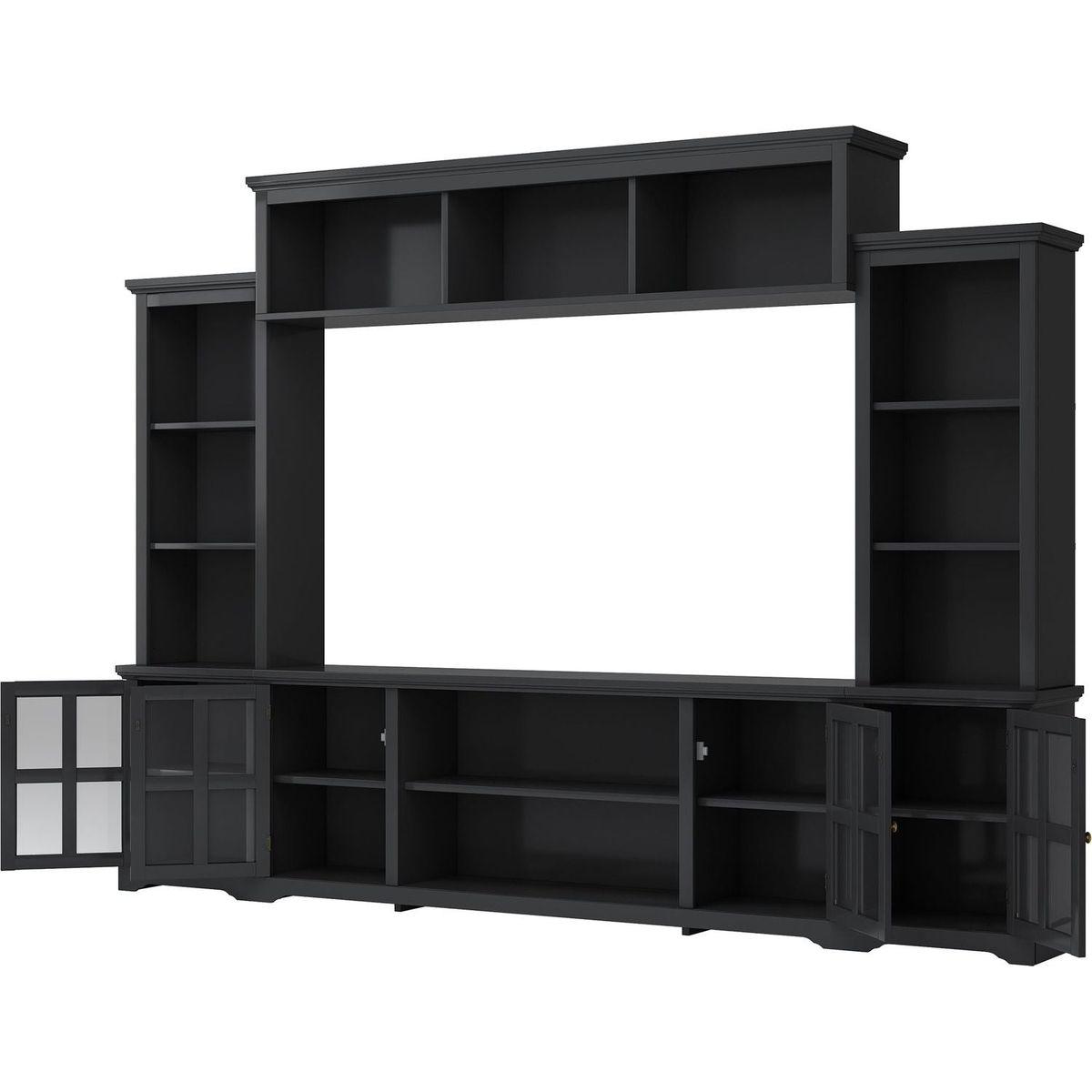 Minimalism Style Entertainment Wall Unit with Bridge, Modern TV Console Table for TVs Up to 70", Multifunctional TV Stand with Tempered Glass Door, Black