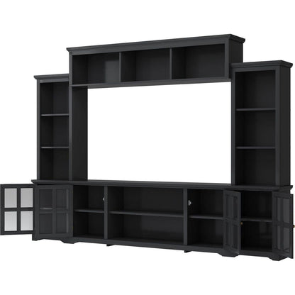 Minimalism Style Entertainment Wall Unit with Bridge, Modern TV Console Table for TVs Up to 70", Multifunctional TV Stand with Tempered Glass Door, Black