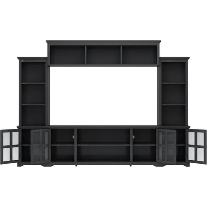 Minimalism Style Entertainment Wall Unit with Bridge, Modern TV Console Table for TVs Up to 70", Multifunctional TV Stand with Tempered Glass Door, Black