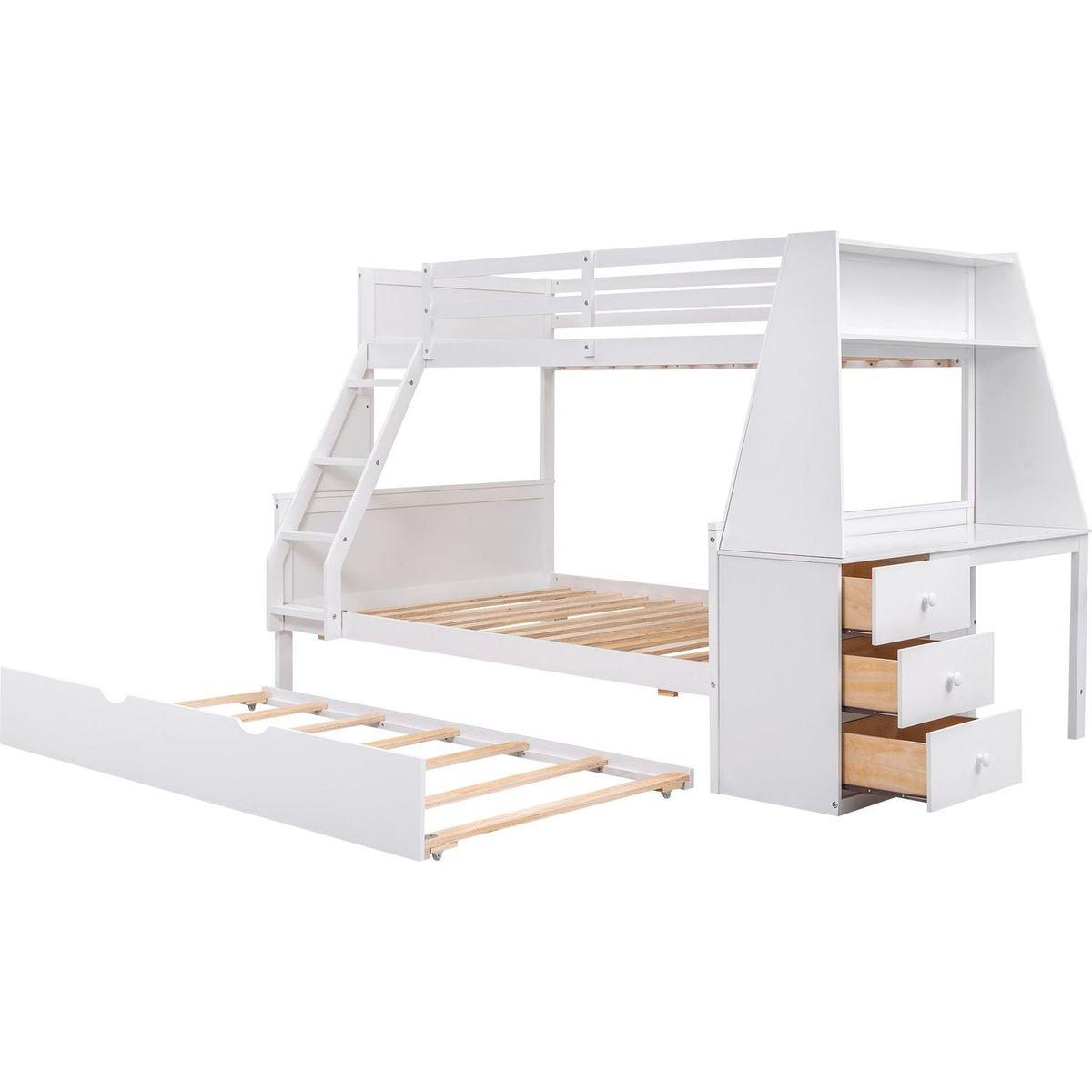 Twin over Full Bunk Bed with Trundle and Built-in Desk, Three Storage Drawers and Shelf,White