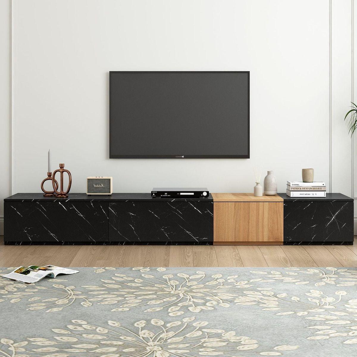 TV Stand with Faux Marble and Walnut Wood Grain Finish for TVs up to 88", Modern Free-Combination Entertainment Center with 4 Storage Drawers for Living Room, Black